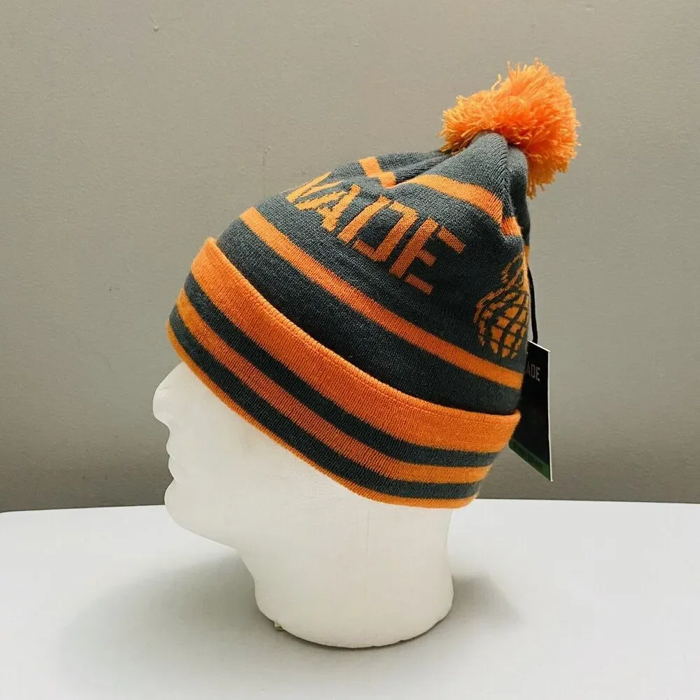 Grenade Letterhead Striped Winter Pom Knit Beanie Cap Hat Orange/Gray One Size - Picture 2 of 8